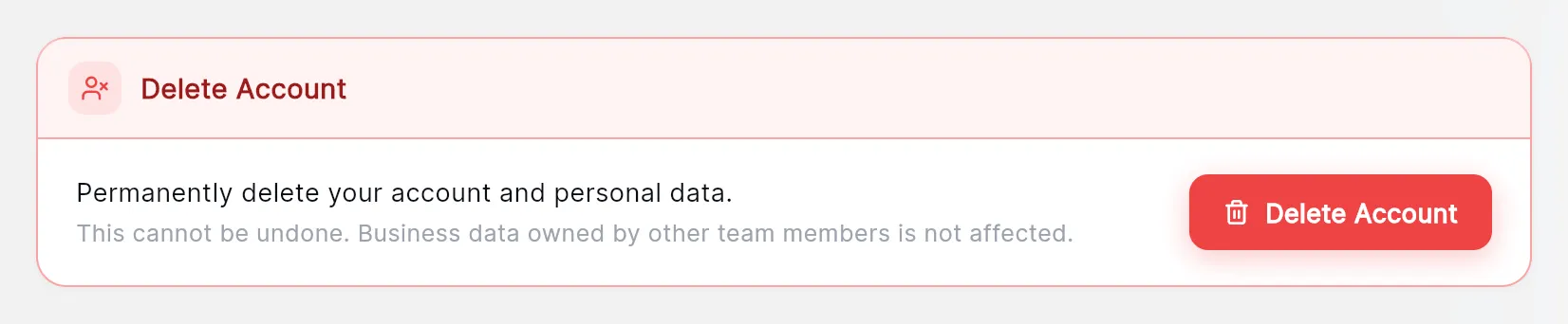 The Delete Account card: "Permanently delete your account and personal data", the warning that it cannot be undone, and the red Delete Account button.