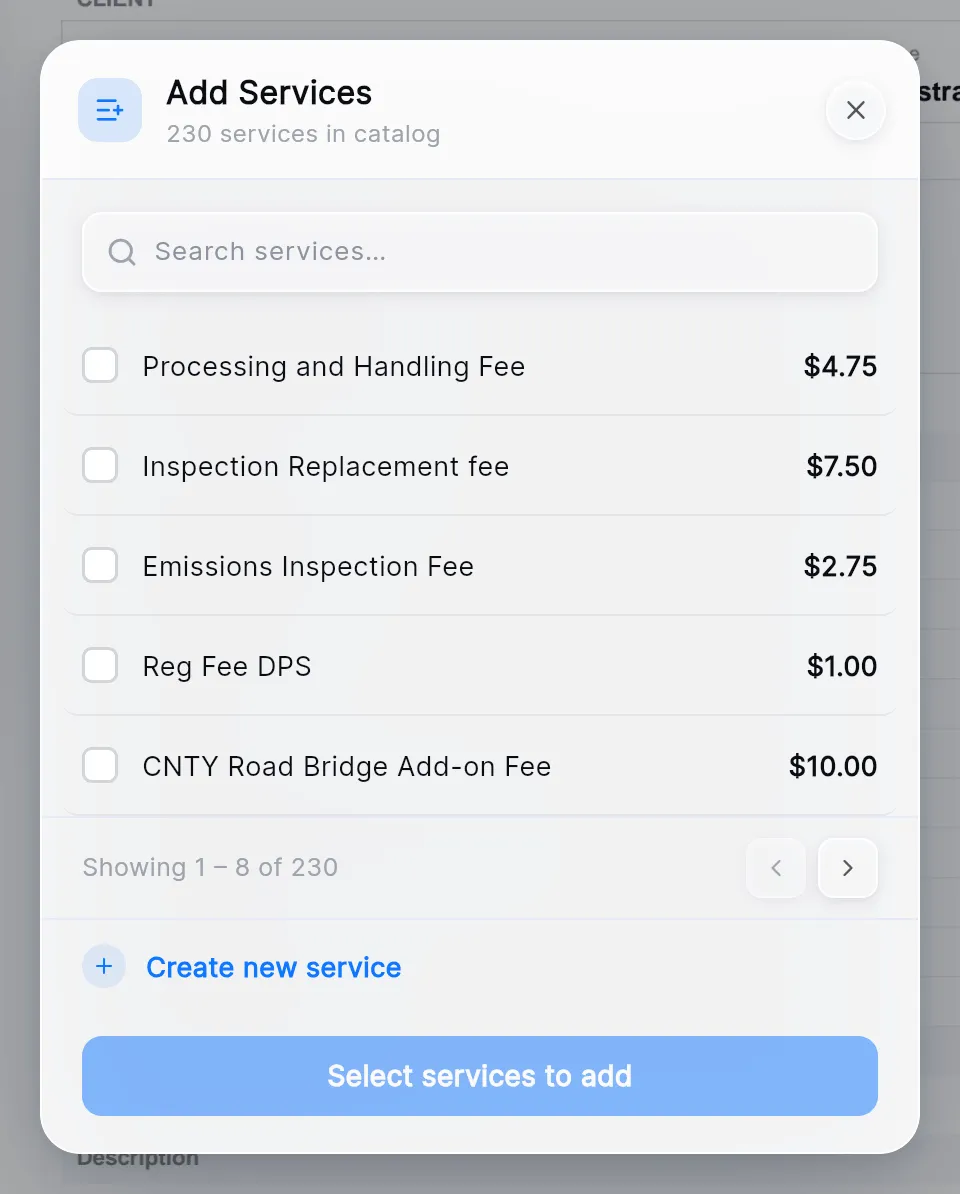 The Add Services window: the search box, services with their prices and tick boxes, Create new service, and the Select services to add button.