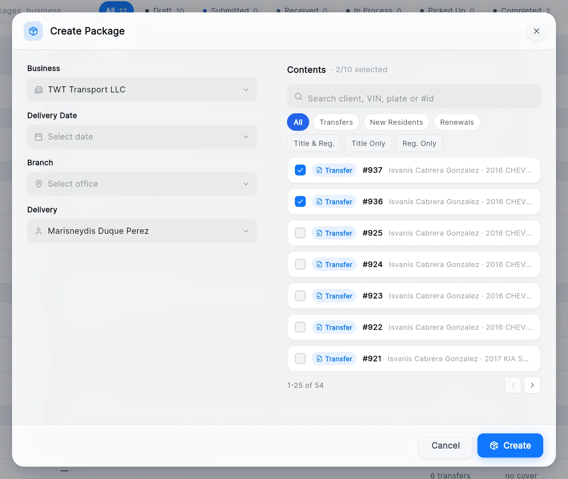 The Create Package window: Business, Delivery Date, Branch and Delivery on the left, and Contents on the right with two transfers ticked out of a list of 54.