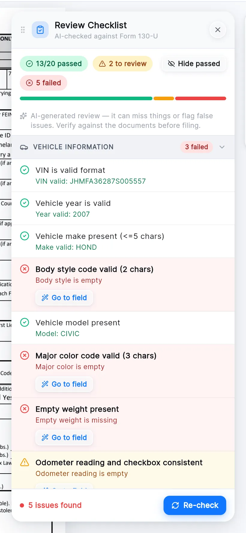 The Review Checklist: 13 of 20 passed, 2 to review, 5 failed, and the vehicle information checks with a Go to field button under each failure.