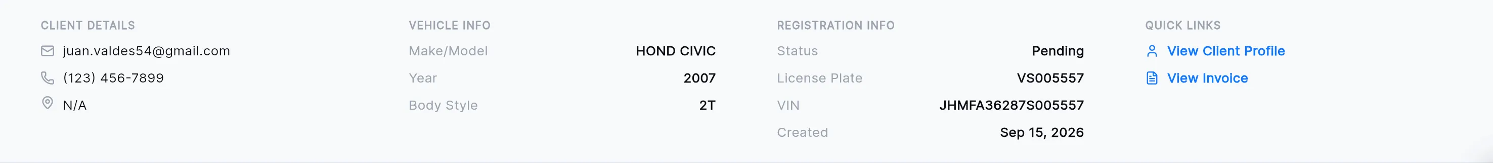 The details strip: client details, vehicle info (make and model, year, body style), registration info (status, license plate, VIN, created) and quick links.