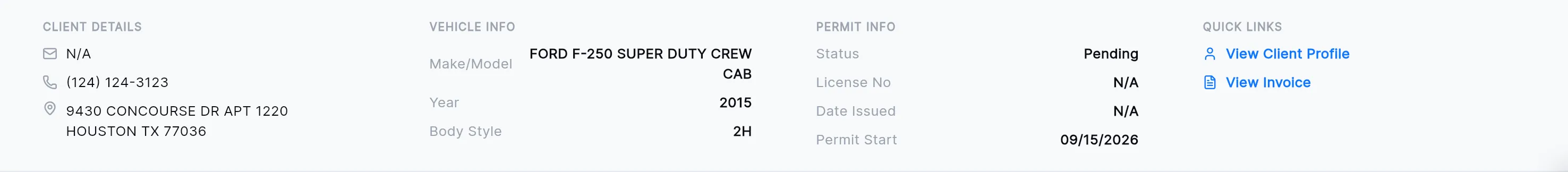 The details strip: client details, vehicle info, permit info and quick links.