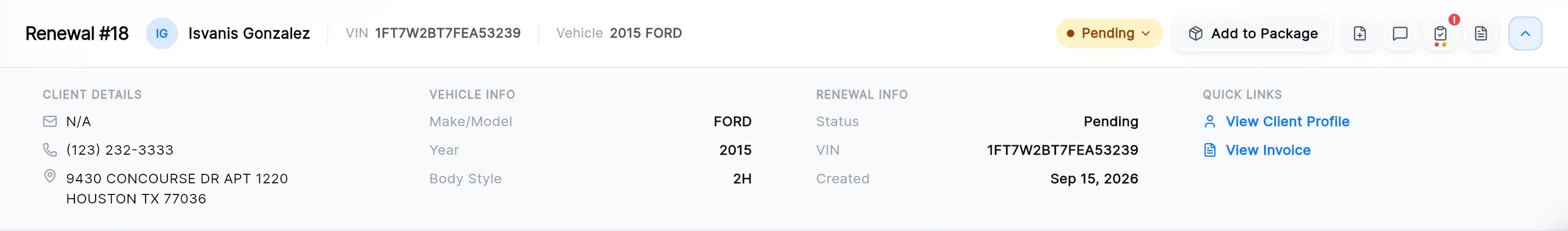 The details strip: client details, vehicle info, renewal info with status, VIN and created date, and the quick links.