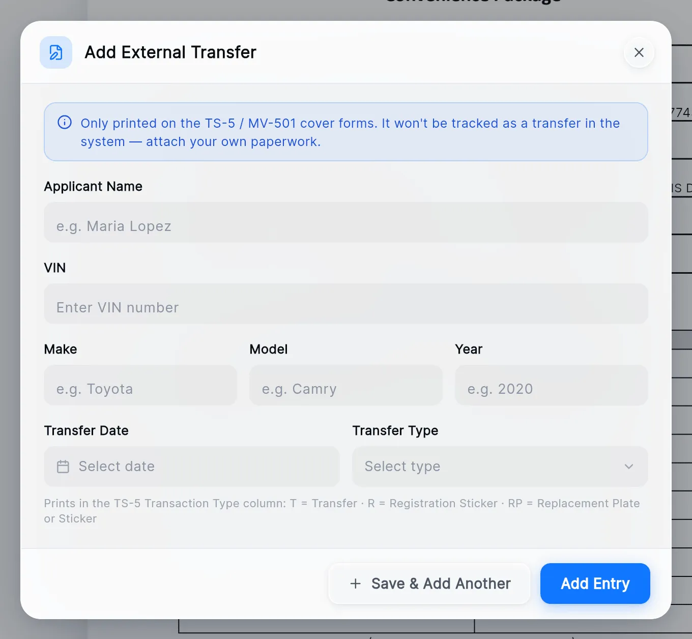 The Add External Transfer window: the note that it is only printed on the cover forms, Applicant Name, VIN, Make, Model, Year, Transfer Date and Transfer Type, and Save & Add Another and Add Entry.