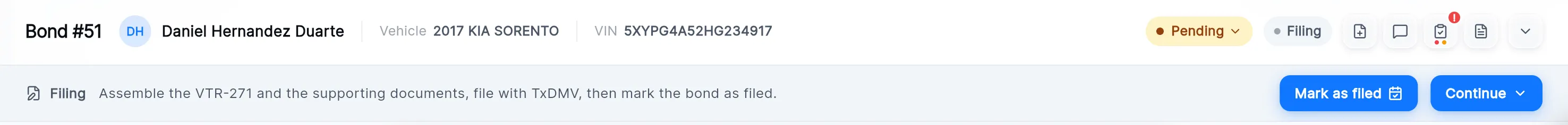 A bond in the Filing phase: the header with the Pending status pill and the Filing phase pill, and the banner reading "Assemble the VTR-271 and the supporting documents, file with TxDMV, then mark the bond as filed" with the Mark as filed and Continue buttons.