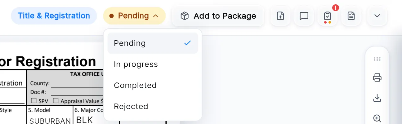 The status menu open under the Pending pill: Pending, In progress, Completed and Rejected.