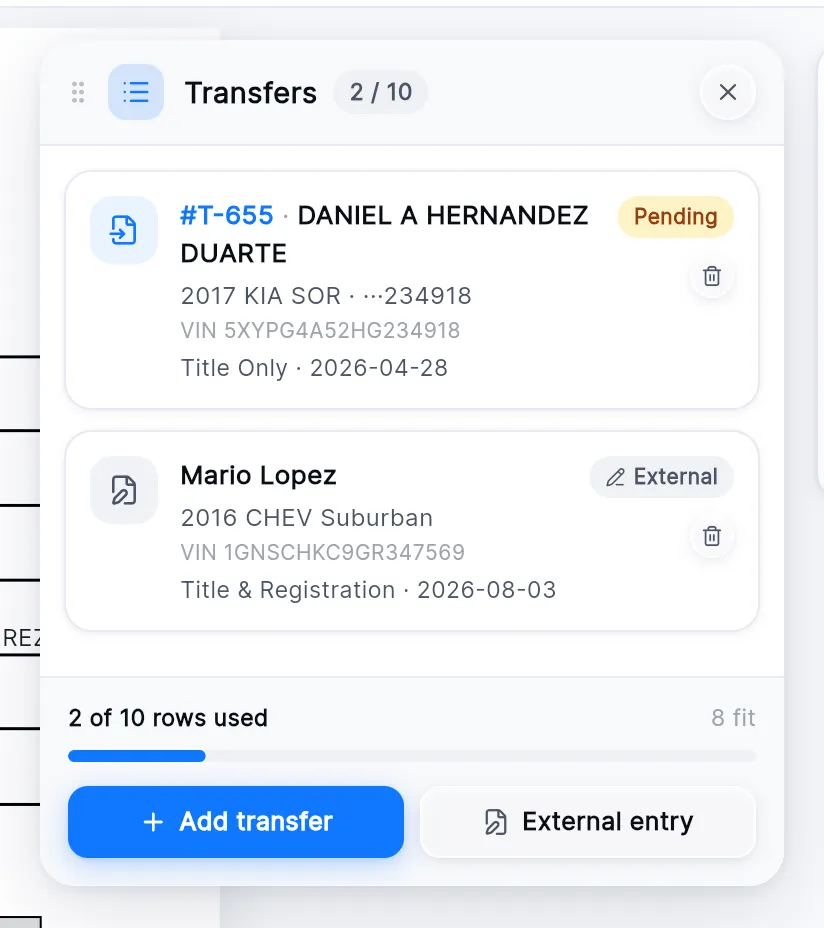 The Transfers card: 2 / 10, a pending transfer and an external entry, "2 of 10 rows used", and the Add transfer and External entry buttons.