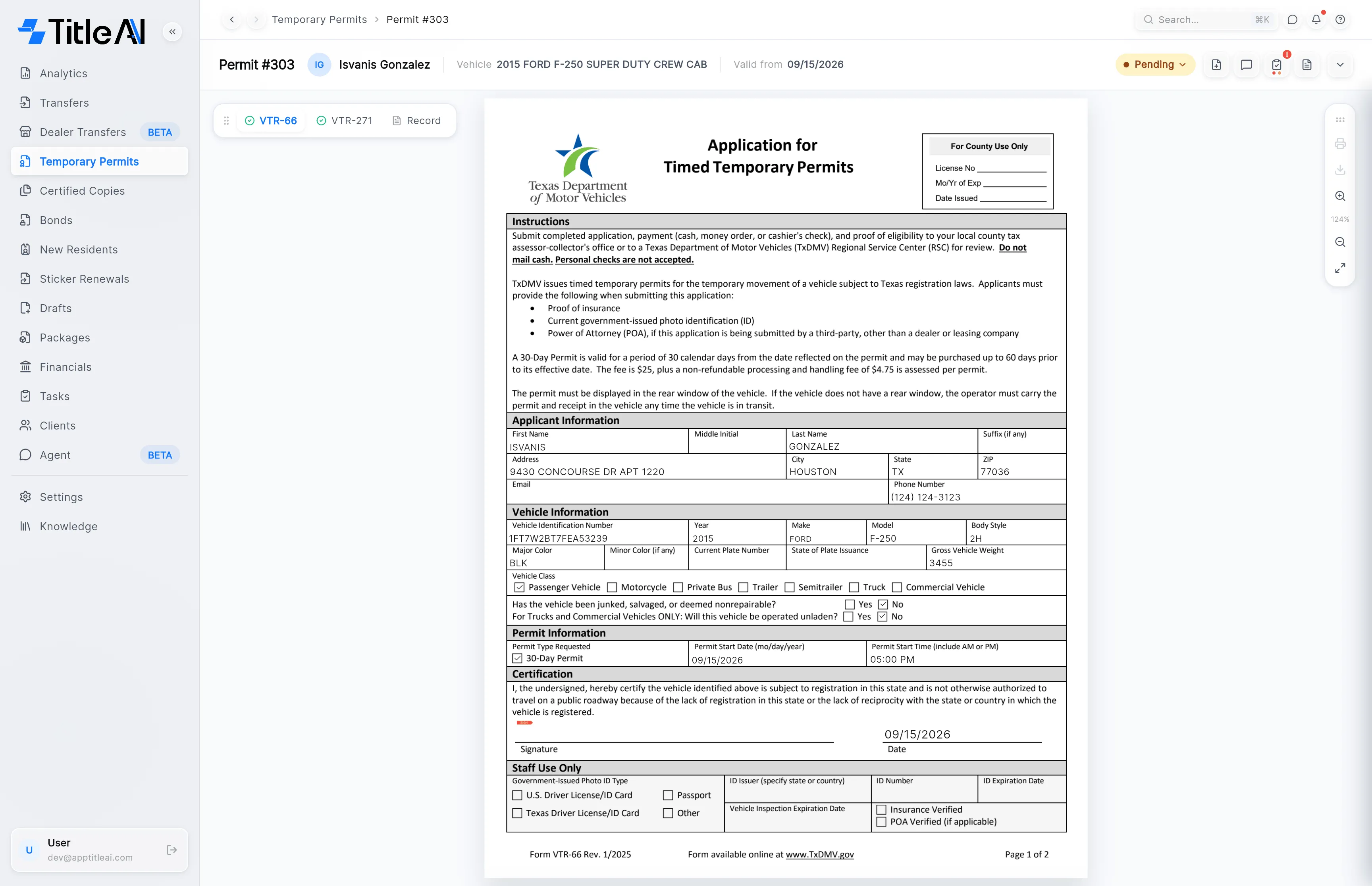 A permit open on its VTR-66: Permit #303, the client, the vehicle and the Valid from date in the header, the Pending status pill and the header icons, and the VTR-66, VTR-271 and Record tabs.