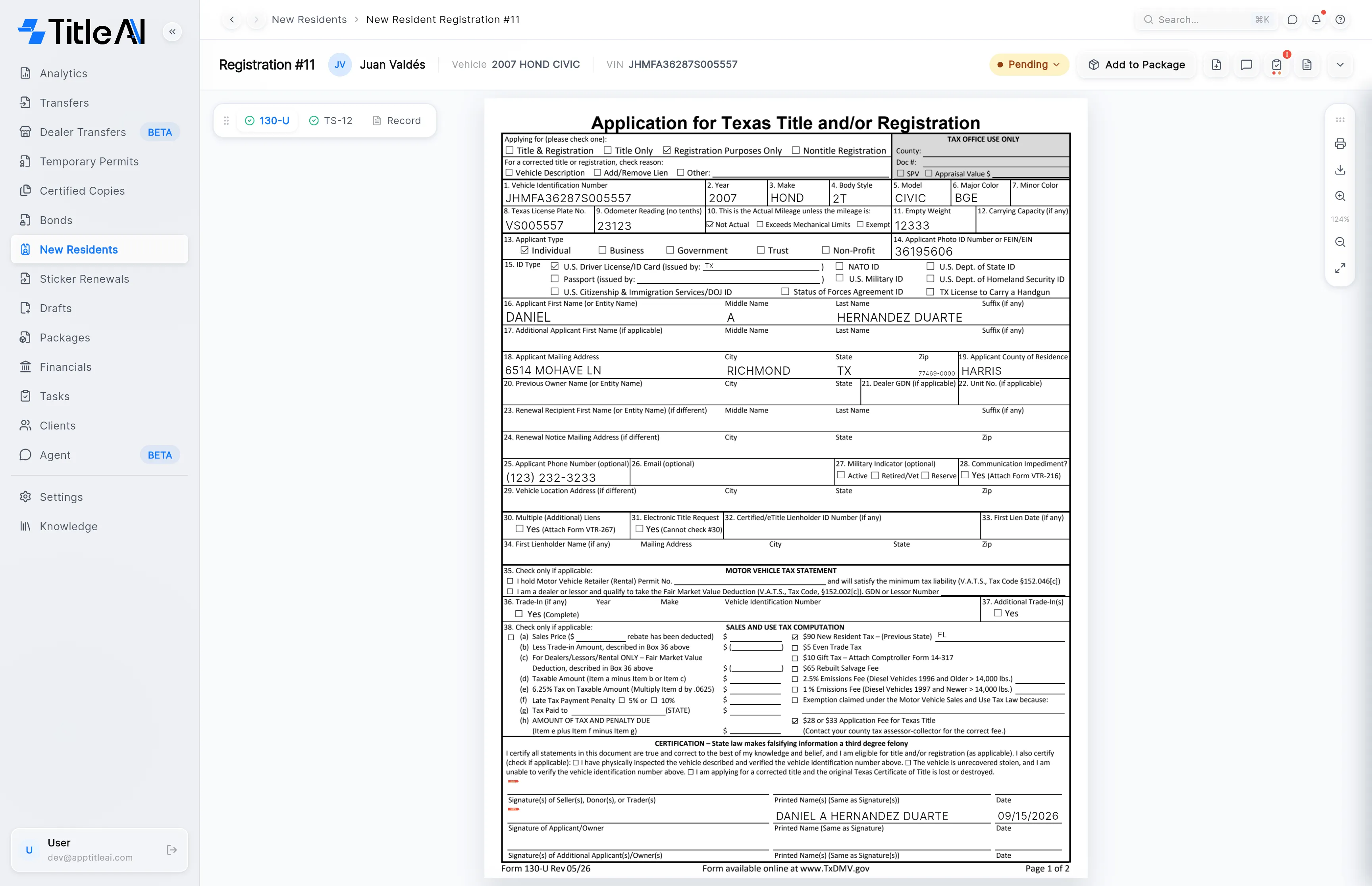 A registration open on its 130-U: the registration number, client, vehicle and VIN in the header, the status pill, Add to Package, and the header icons.