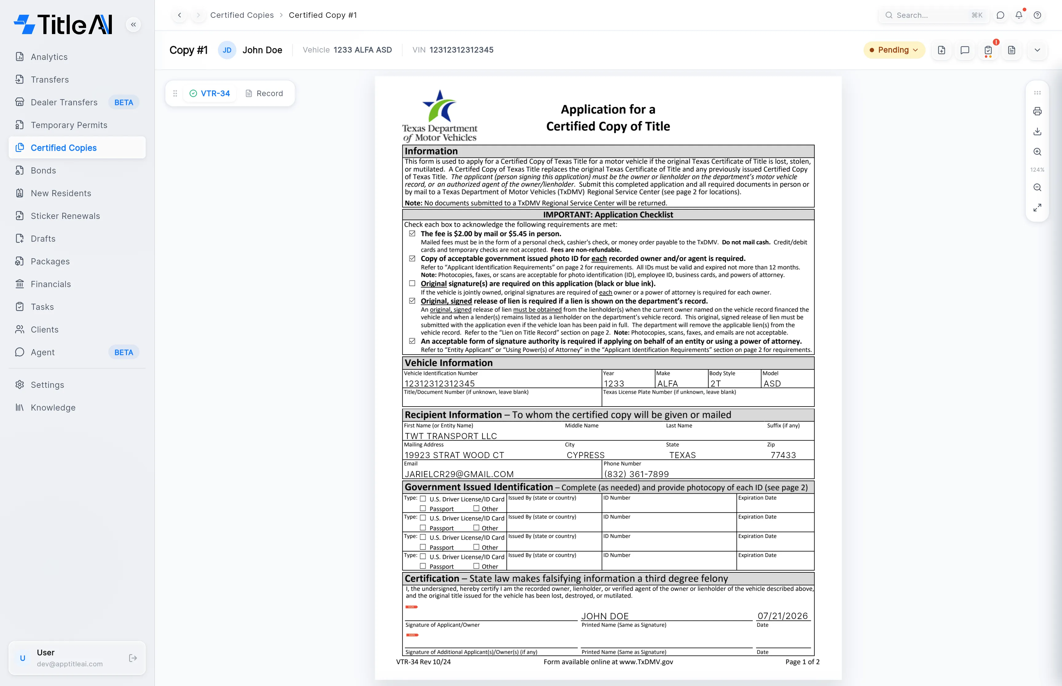 Certified Copy #1 open on its VTR-34: the copy number, client, vehicle and VIN in the header, the Pending status pill and the header icons, and the VTR-34 and Record tabs.