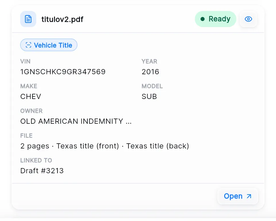 A document card for titulov2.pdf: Ready, the eye icon, the Vehicle Title tag, the VIN, year, make, model and owner read from it, the file's pages, Linked to Draft #3213, and Open.