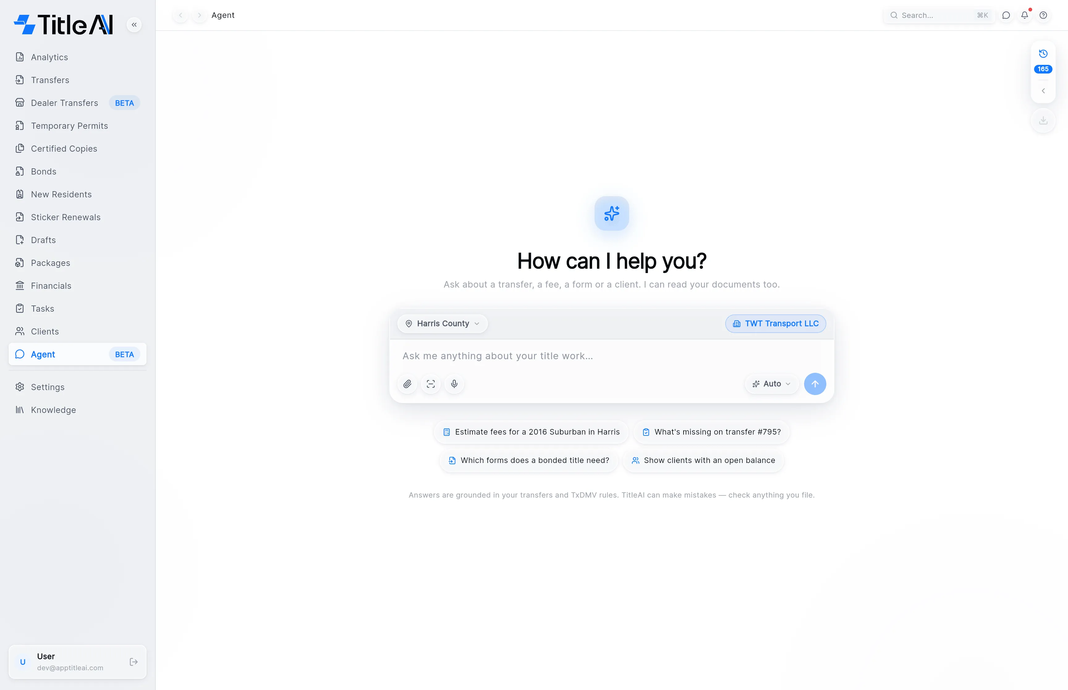 The Agent screen before a conversation: "How can I help you?", the composer with the Harris County chip, four starter questions underneath, and the history tab at the top right.