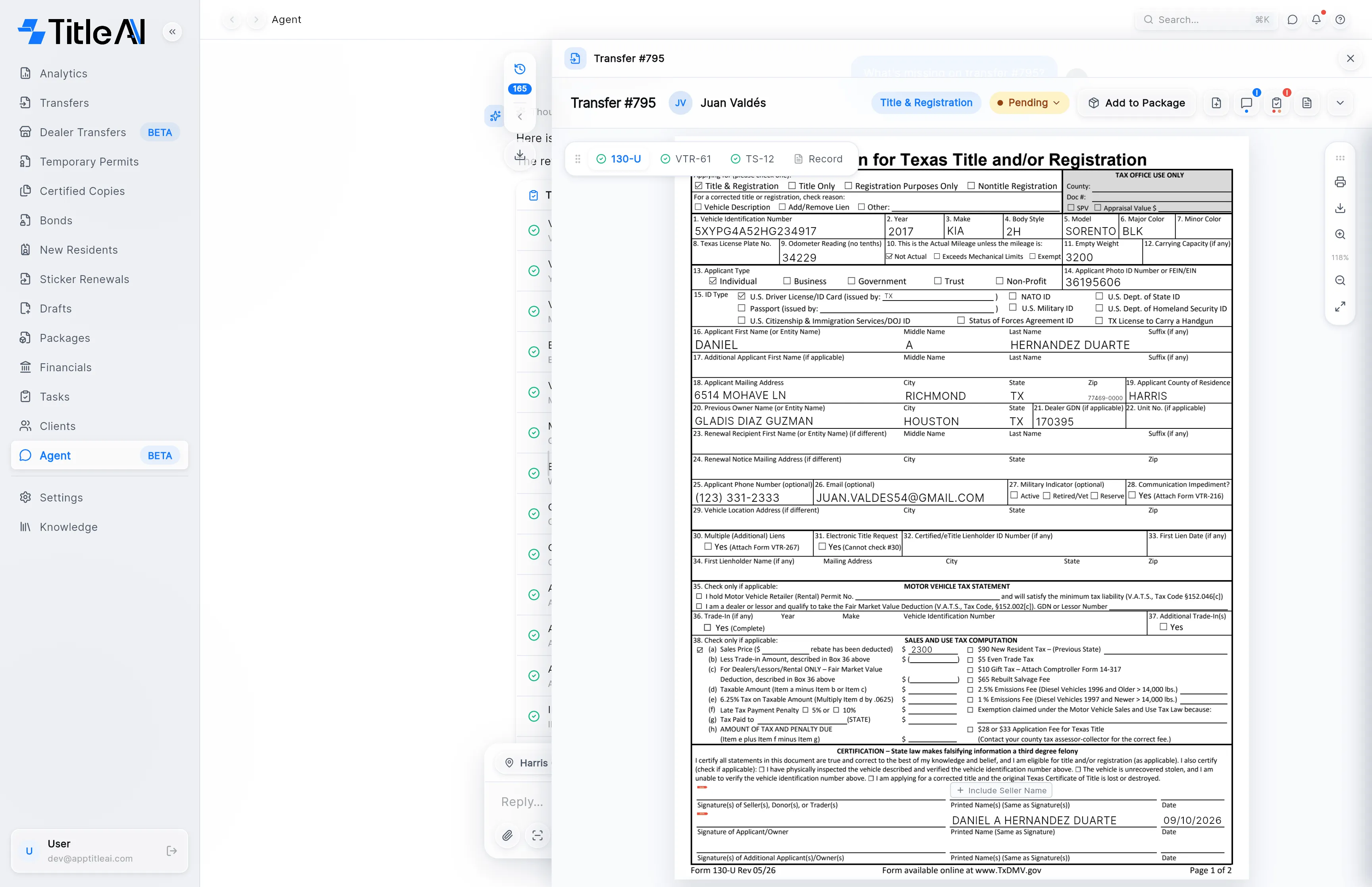 Transfer #795 open in a panel beside the chat: its header with the Title & Registration and Pending pills and Add to Package, the 130-U, VTR-61, TS-12 and Record tabs, and the filled 130-U.