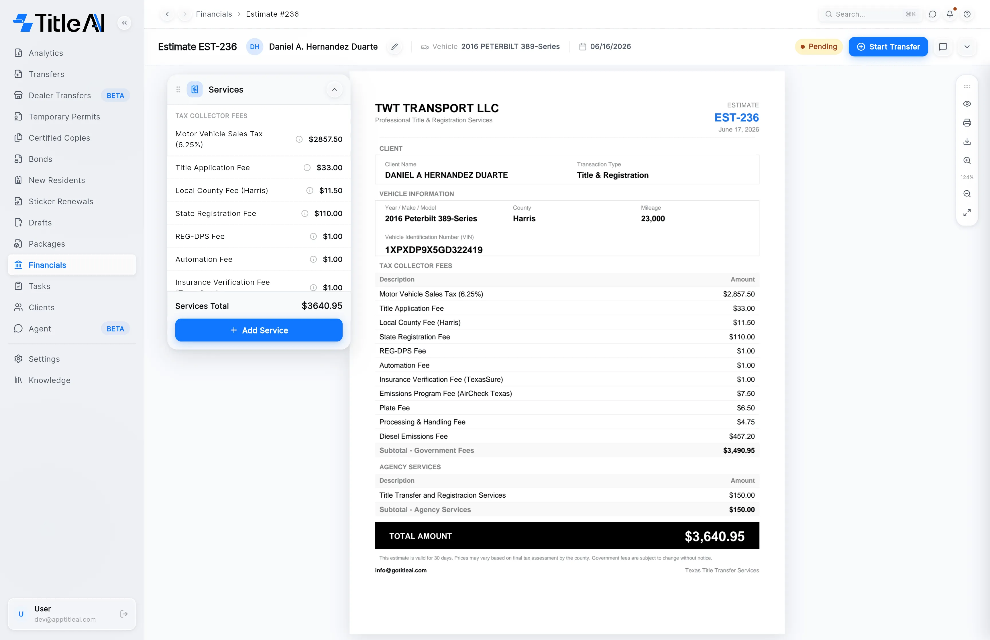 An estimate open: the header with EST-236, the client, vehicle and date, Pending, Start Transfer, notes and details; the Services card on the left; and the estimate PDF in the middle.