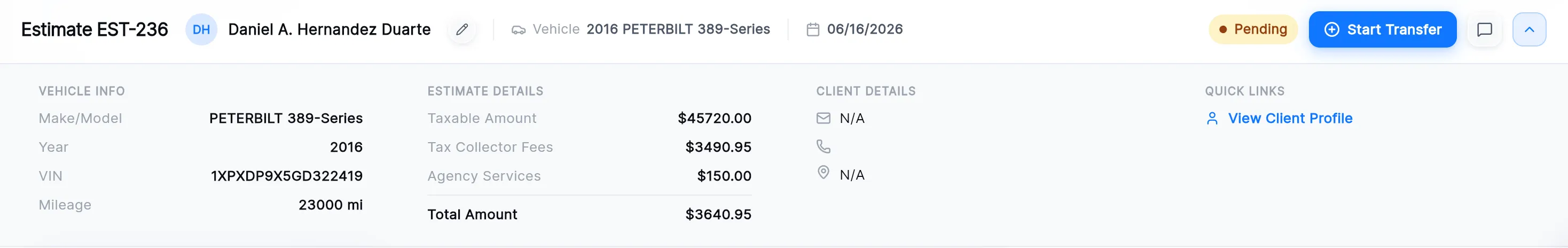 The estimate details: Vehicle Info, Estimate Details with the taxable amount, tax collector fees, agency services and total, Client Details, and Quick Links.