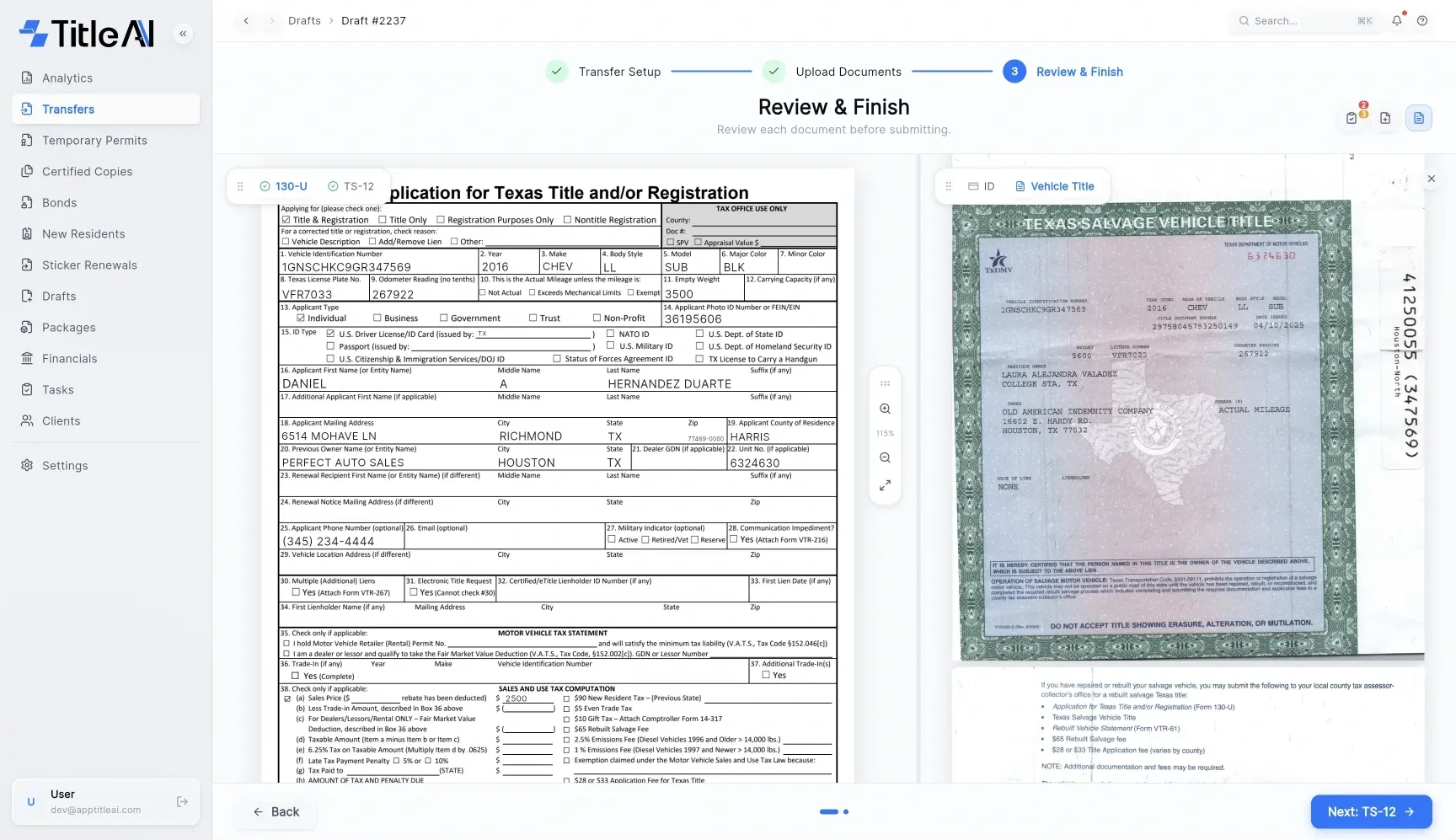 Form 130-U with fields pre-filled from the uploaded title