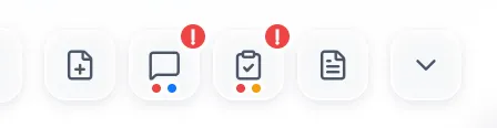 The transfer header icons: the speech bubble with a "!" mark and a red and a blue dot under it, next to the review checklist with its own mark and dots.