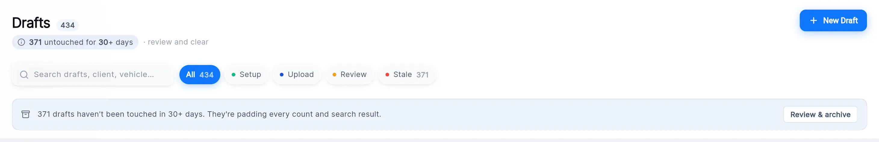 The top of the Drafts list: the draft count, the "untouched for 30+ days" line, the search box, the All, Setup, Upload, Review and Stale chips, and the banner with Review & archive.