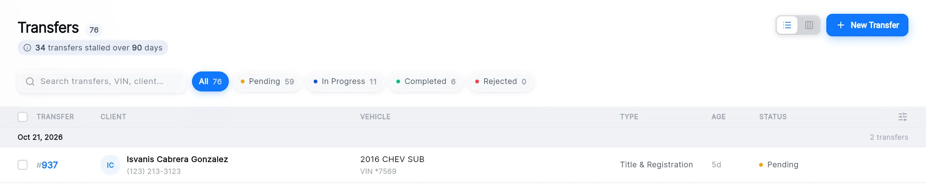 The top of the Transfers list: the transfer count, the "stalled over 90 days" line, the search box, the status chips with their counts, the list/board switch and the New Transfer button.