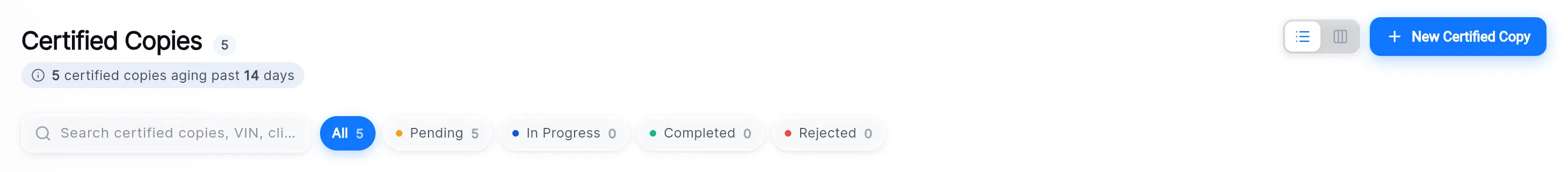The top of the Certified Copies list: the count, the "aging past 14 days" line, the search box, the status chips with their counts, the list/board switch and the New Certified Copy button.