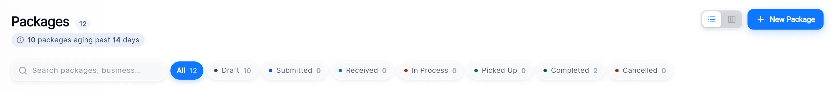 The top of the Packages list: the package count, the "aging past 14 days" line, the search box, the status chips with their counts, the list/board switch and the New Package button.