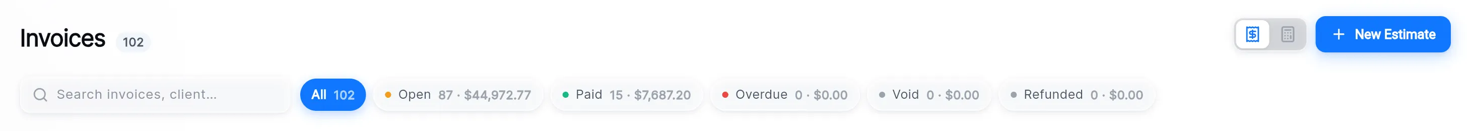 The top of the Financials screen on Invoices: the search box, the All, Open, Paid, Overdue, Void and Refunded chips, the invoices/estimates switch and New Estimate.