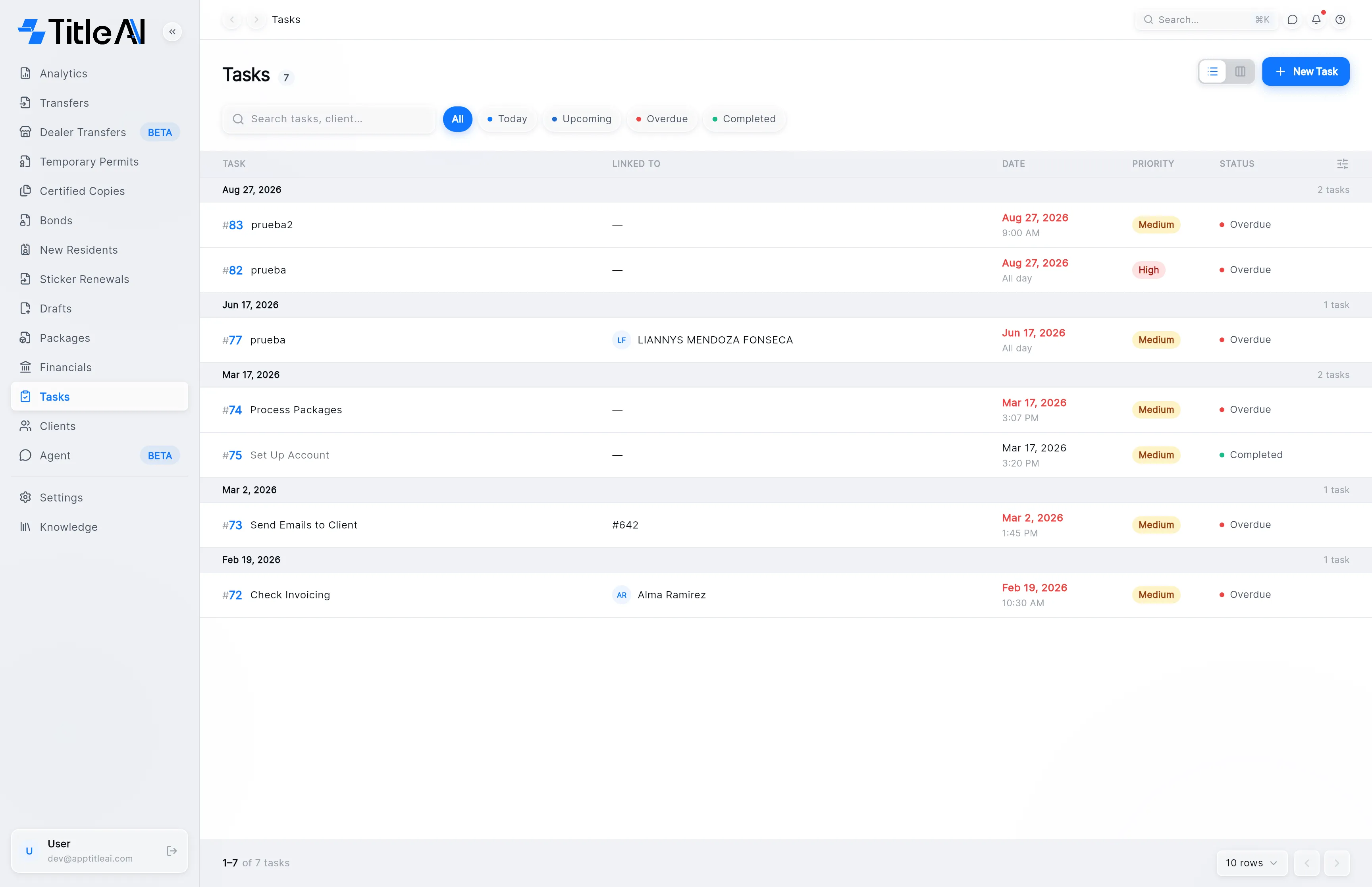 The Tasks list: tasks grouped by date with the Task, Linked to, Date, Priority and Status columns, and the New Task button at the top right.