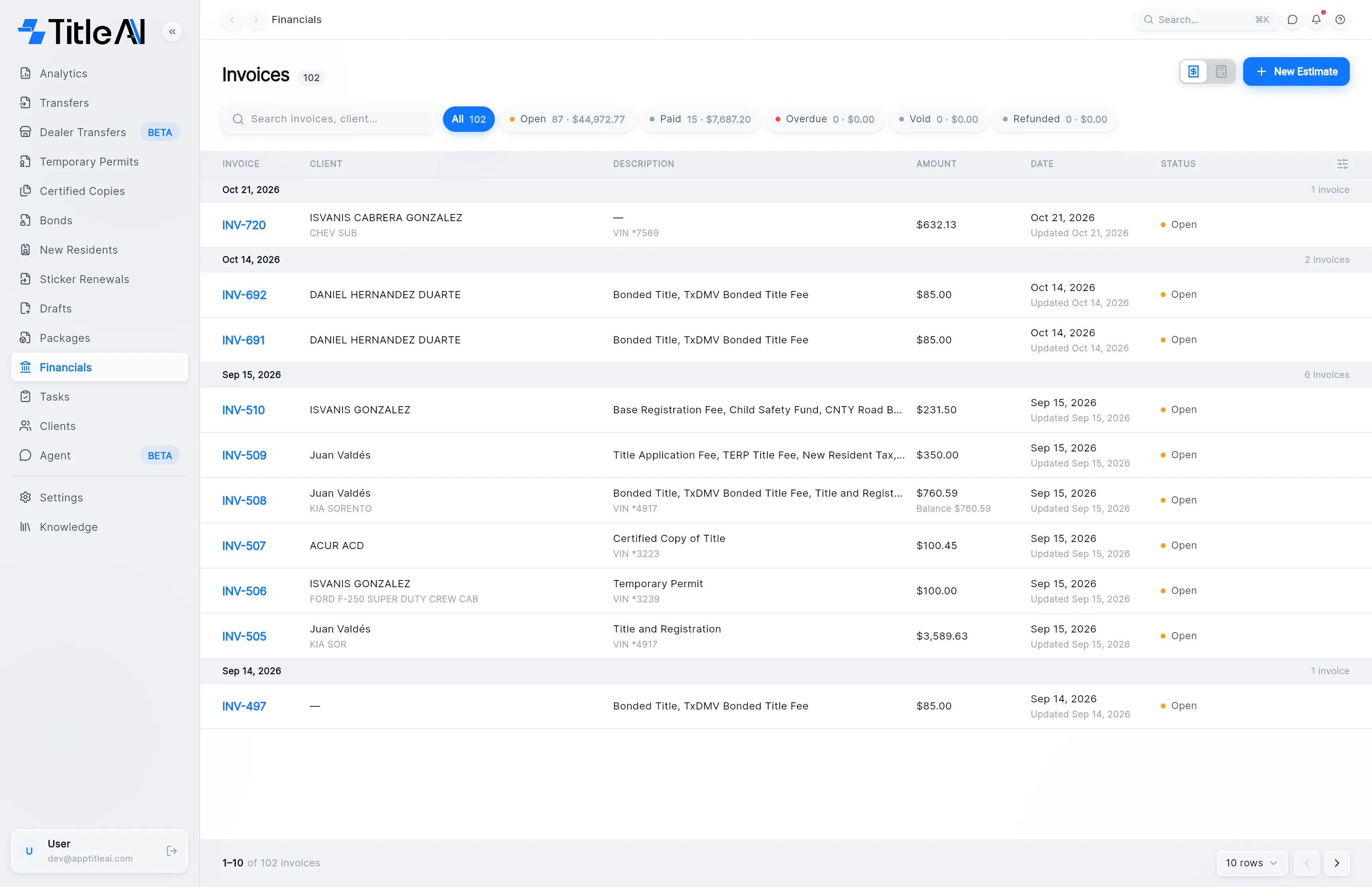 The Financials screen on Invoices: invoices grouped by date with the Invoice, Client, Description, Amount, Date and Status columns, and the New Estimate button at the top right.