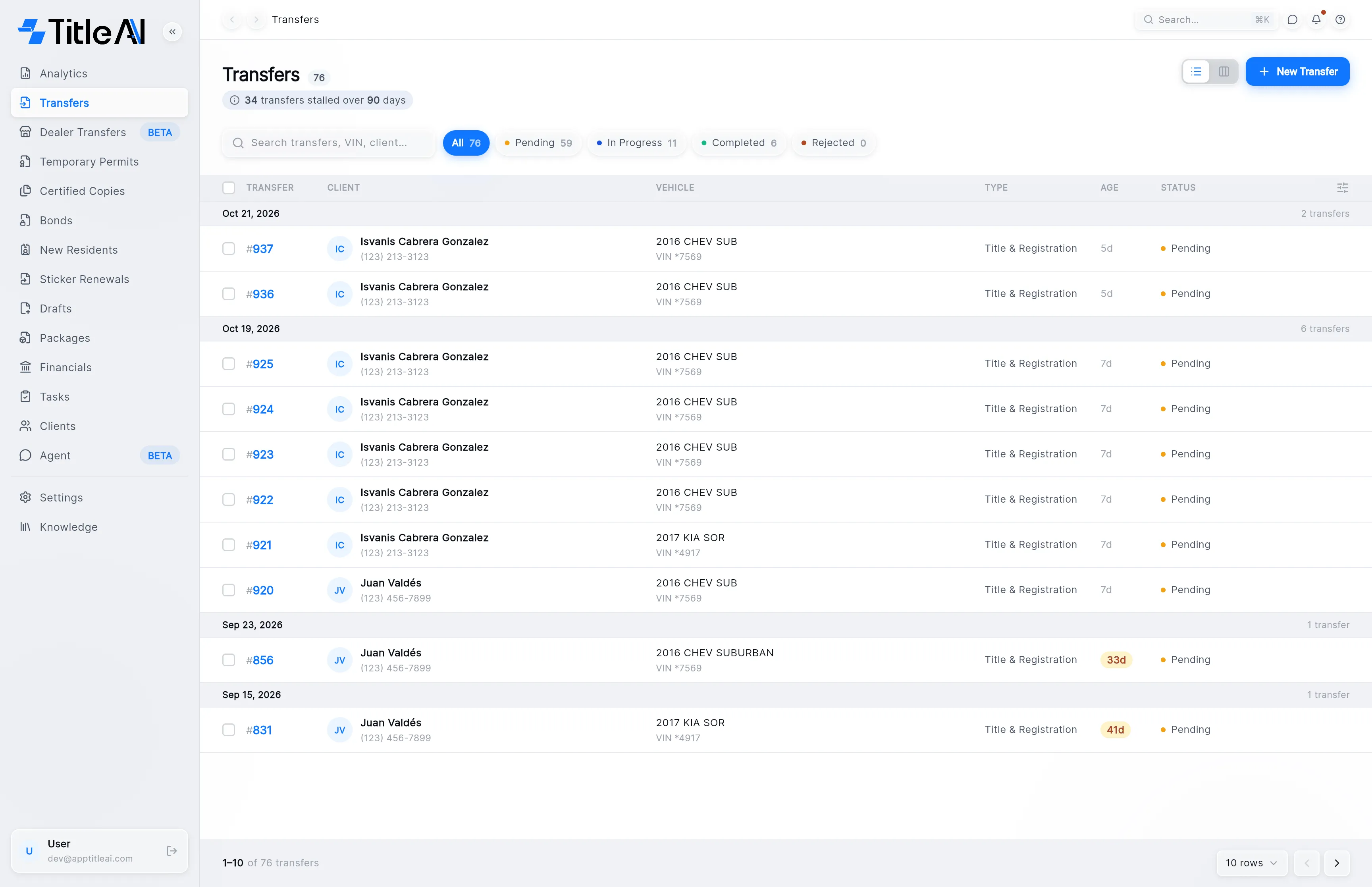 The Transfers list: transfers grouped by date, with search, status chips, the Age and Status columns, and the New Transfer button at the top right.