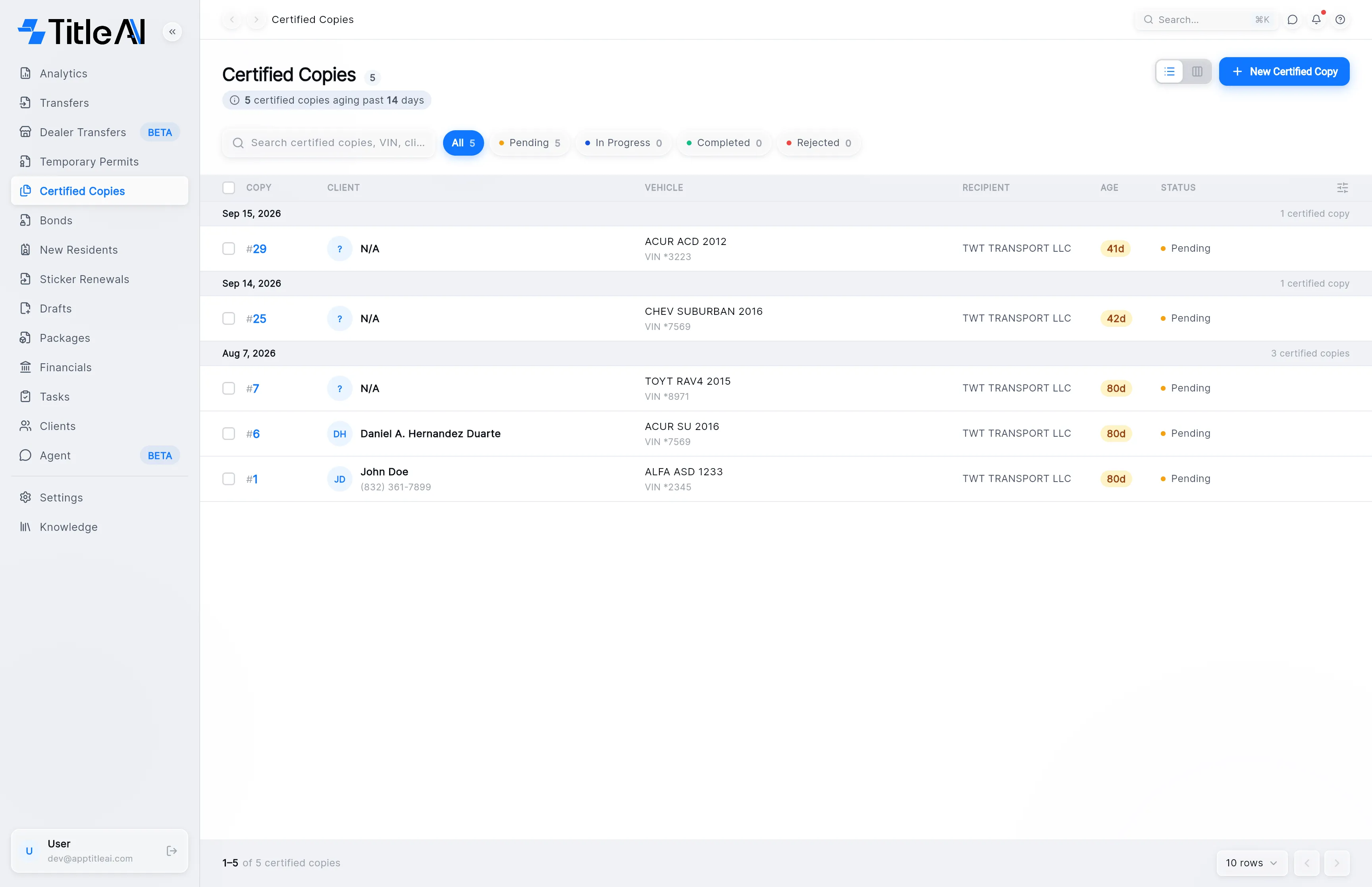 The Certified Copies list: copies grouped by date with the Copy, Client, Vehicle, Recipient, Age and Status columns, and the New Certified Copy button at the top right.
