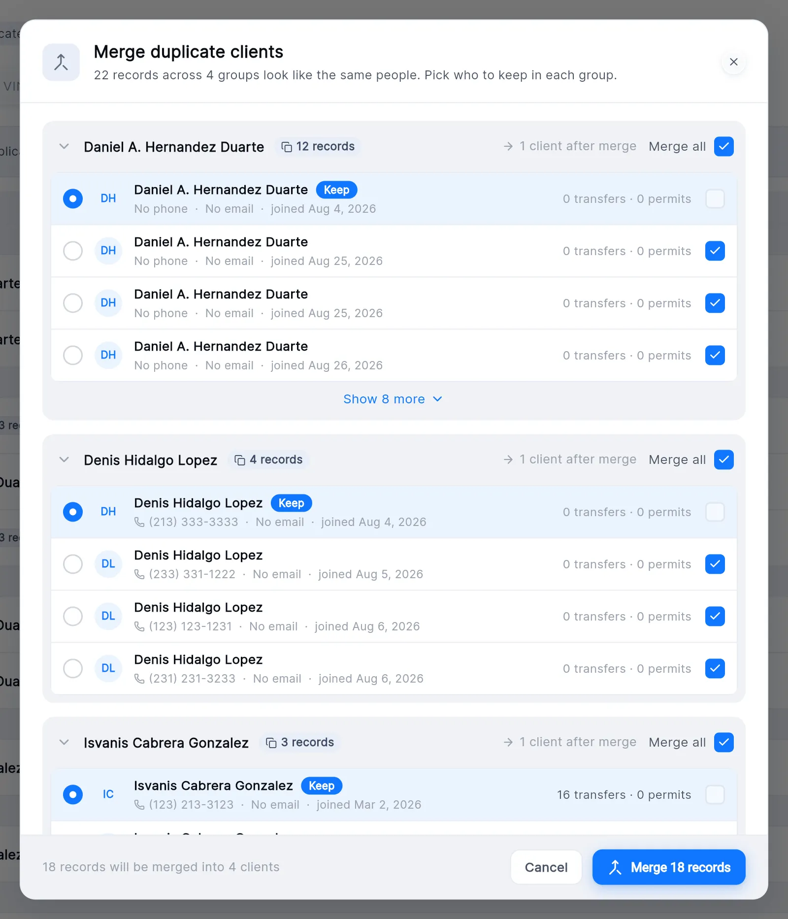 The Merge duplicate clients window: groups of records with the same name, the Keep record highlighted, tick boxes on the others, and "18 records will be merged into 4 clients" with the Merge 18 records button.