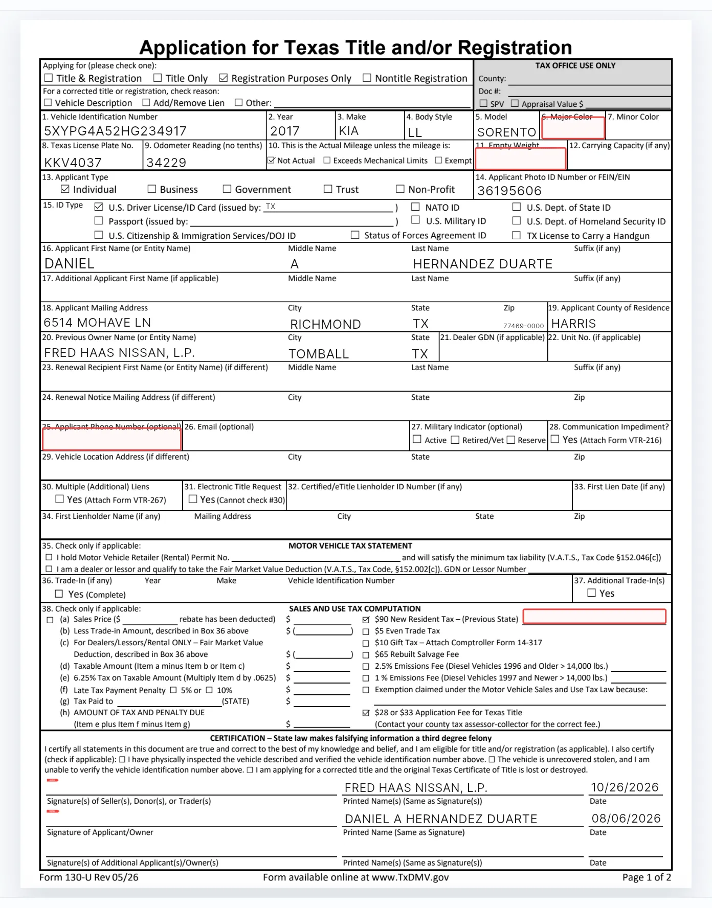 The 130-U filled from the documents: Registration Purposes Only ticked at the top, the vehicle, applicant and address boxes filled, and the $90 New Resident Tax and the $28 or $33 Application Fee ticked in the tax section.