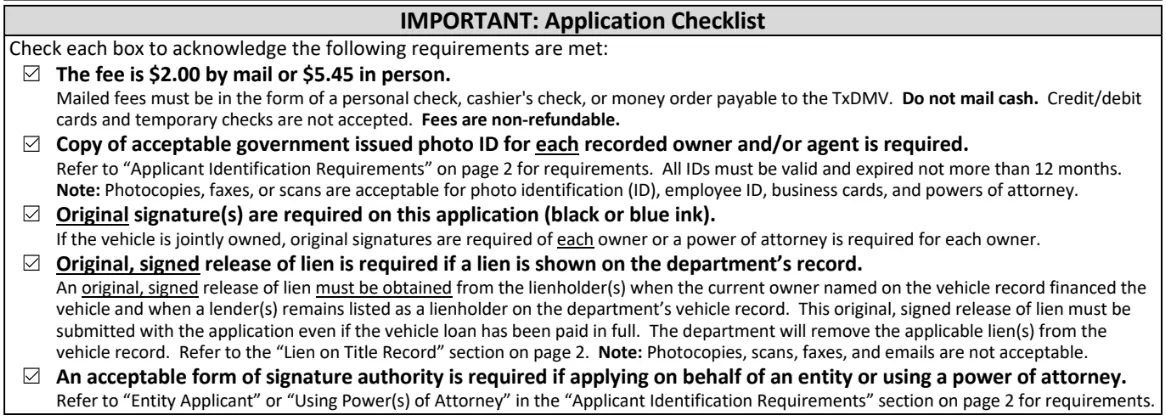 The VTR-34's Application Checklist with all five boxes ticked.