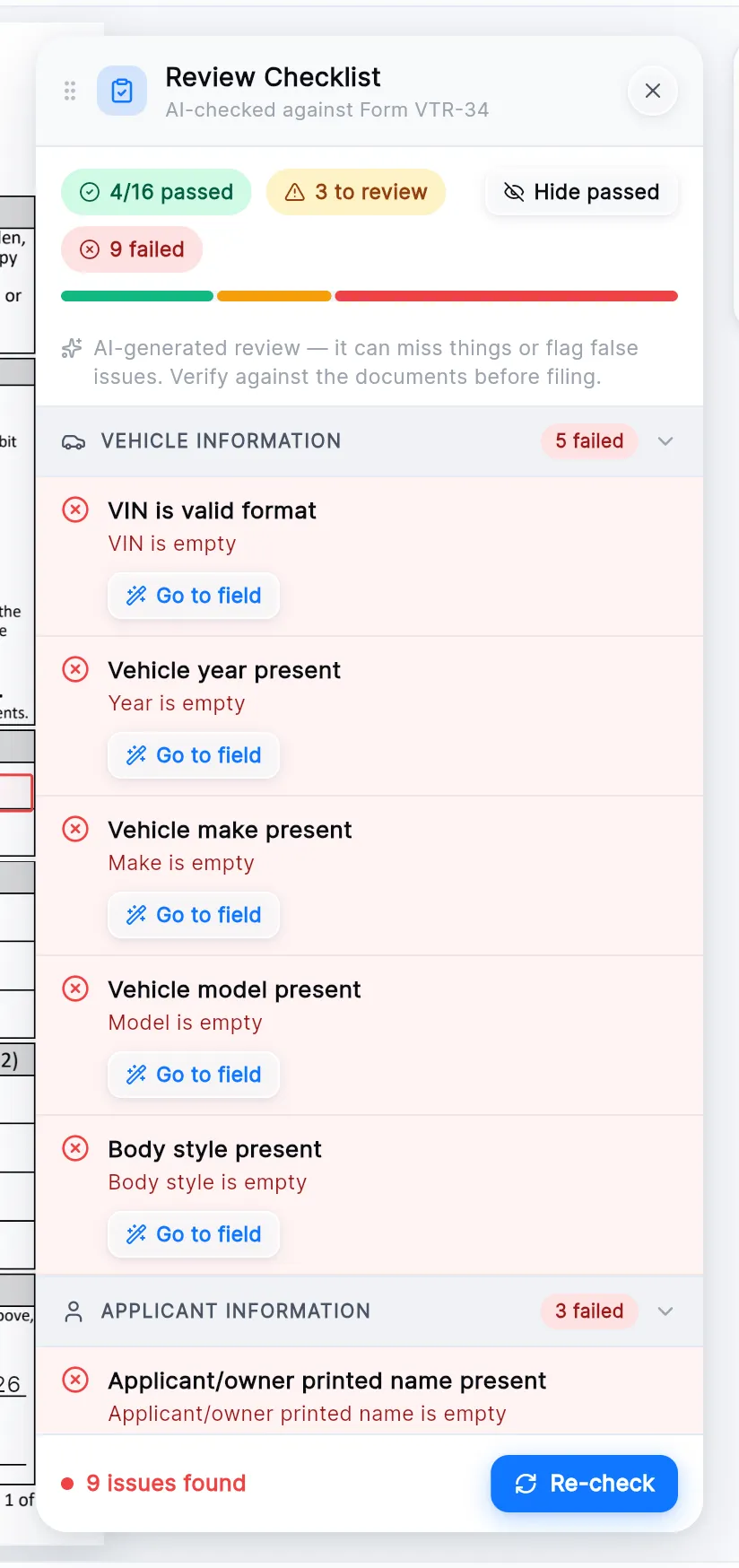 The Review Checklist: 4 of 16 passed, 3 to review, 9 failed, and the vehicle information checks that failed because the fields are empty, each with Go to field.