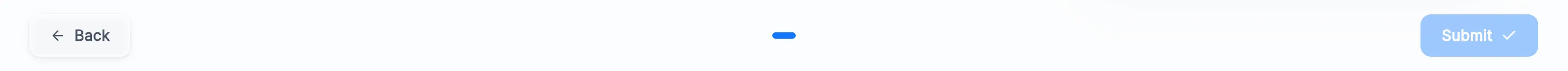 The footer of Review & Finish: Back on the left, a single page dot in the middle, and Submit, still off, on the right.