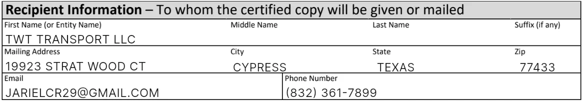 The VTR-34's Recipient Information filled with the business: TWT TRANSPORT LLC, its mailing address in Cypress, Texas, its email and phone.