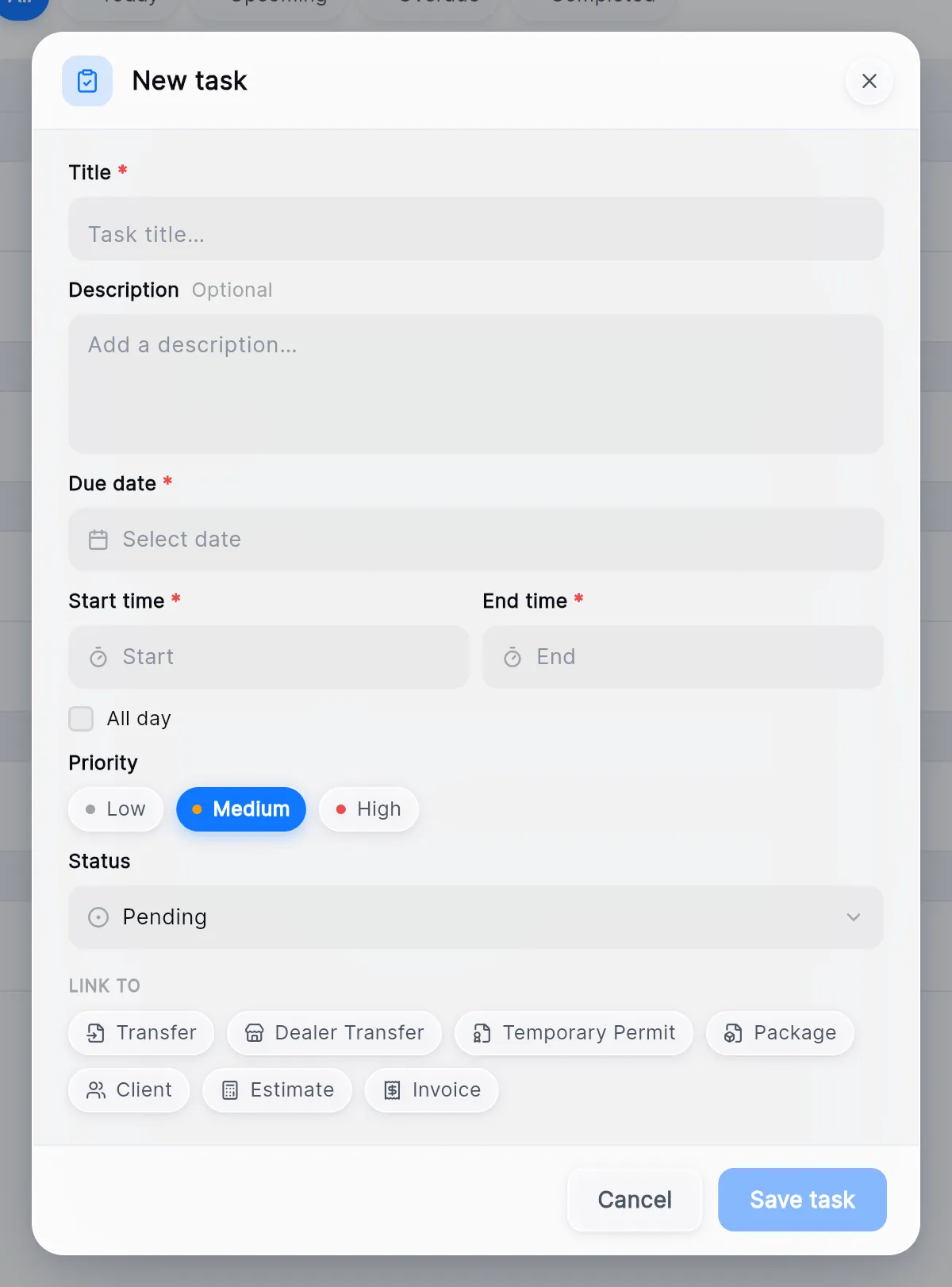 The New task window: Title, Description, Due date, Start time and End time, All day, Priority, Status, the LINK TO chips, and Cancel and Save task.