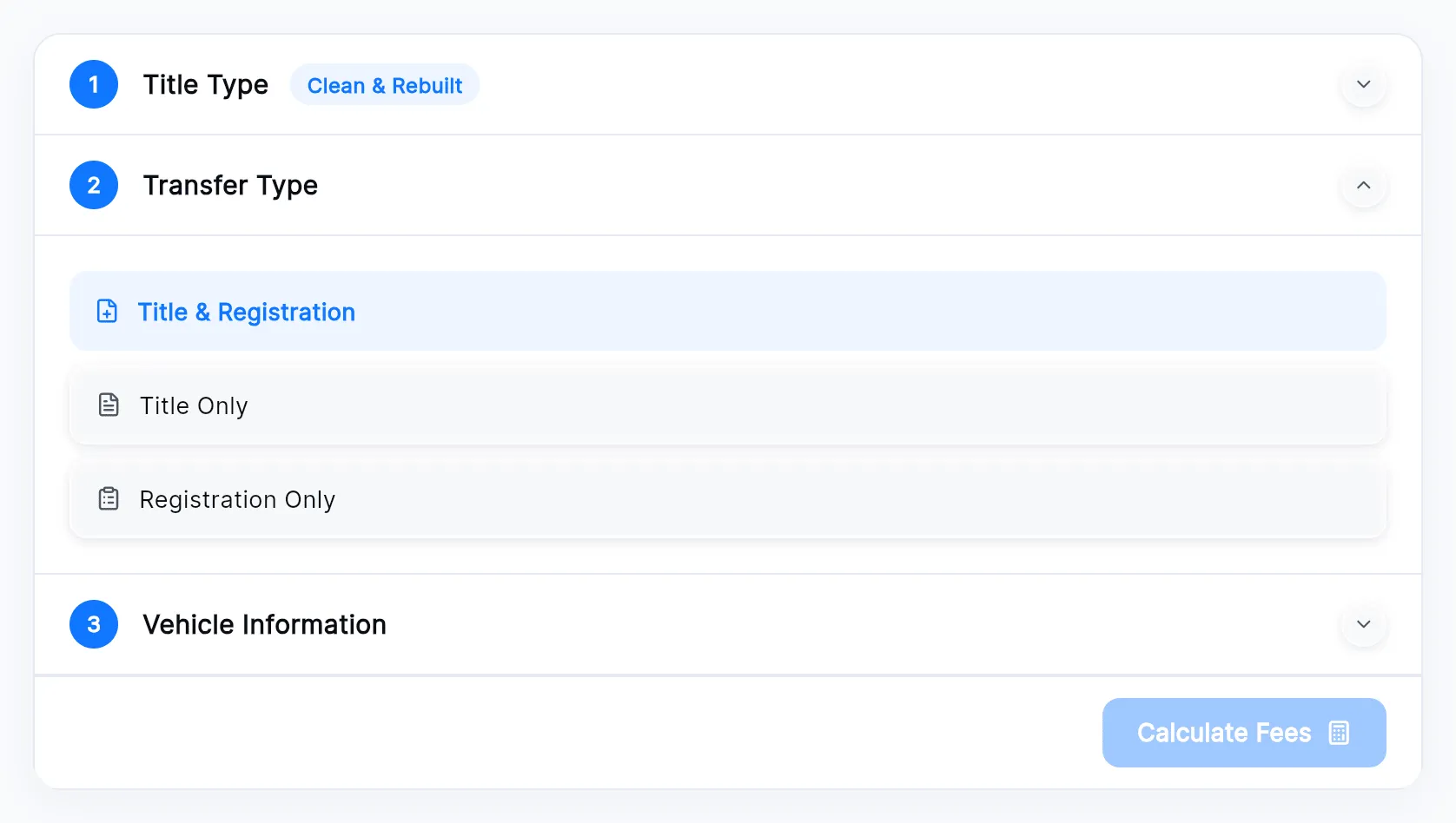 The Transfer Type section open with Title & Registration, Title Only and Registration Only, and Clean & Rebuilt shown as a chip beside Title Type.