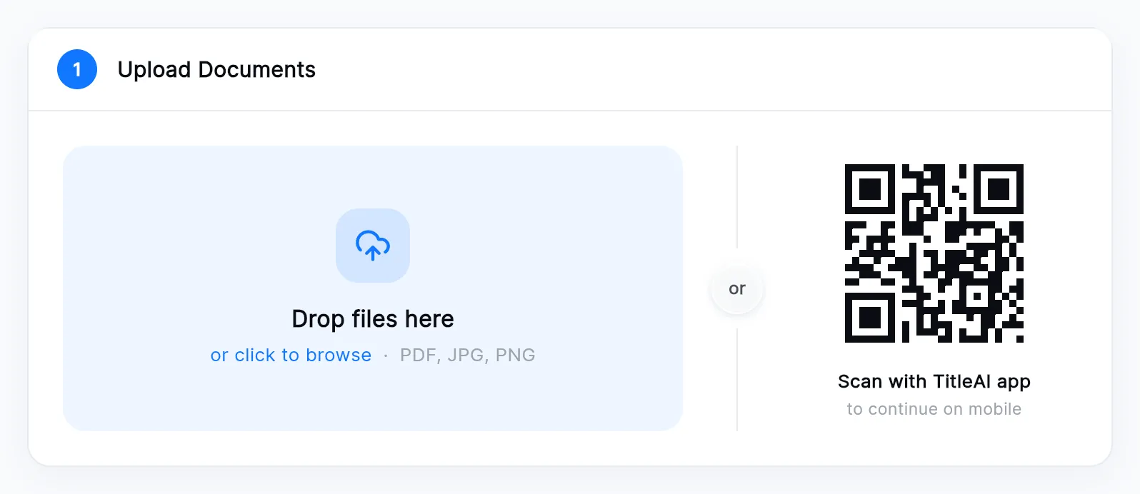 The certified copy's Upload Documents step: the Drop files here box and the Scan with TitleAI app QR code.