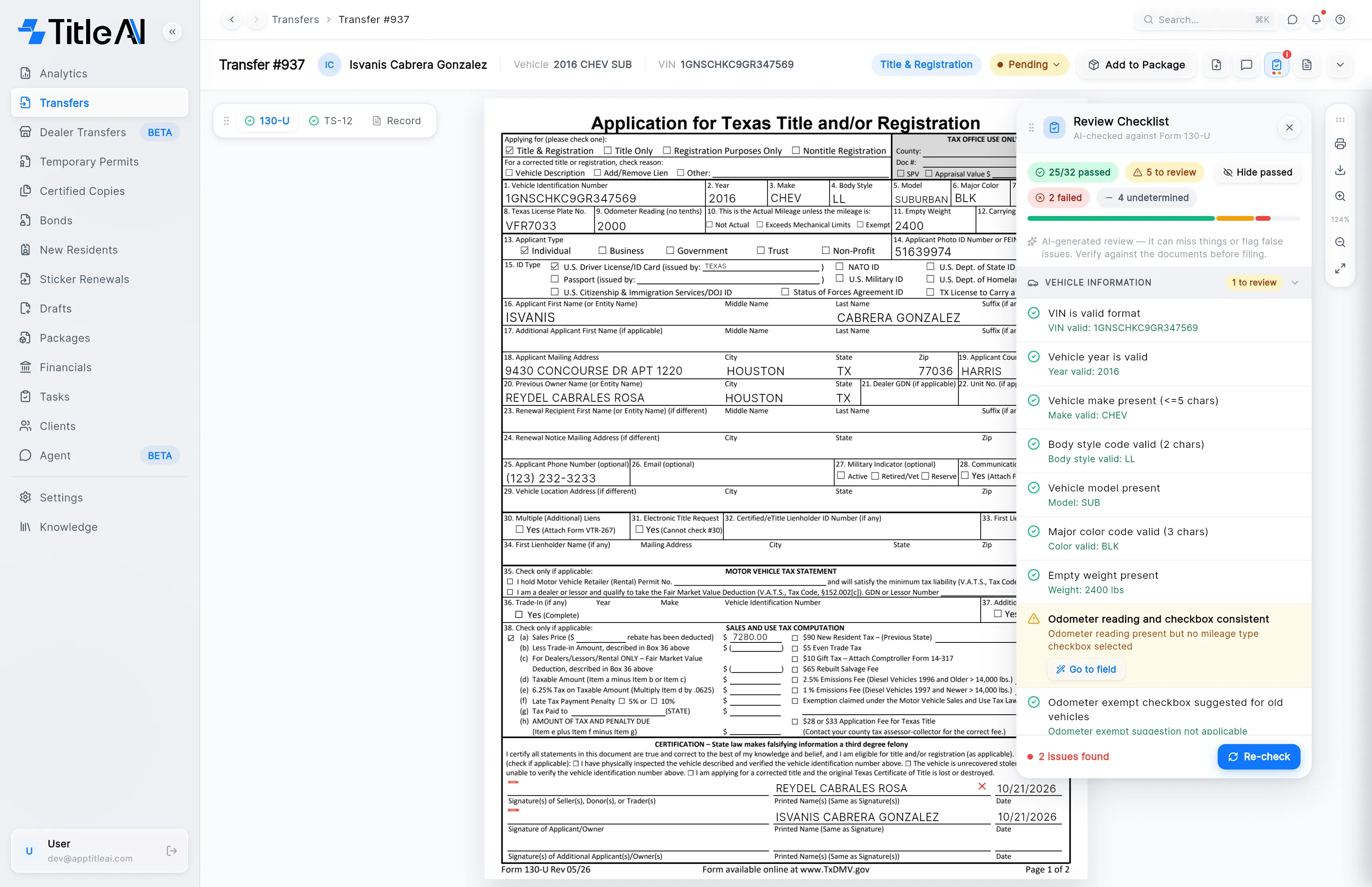 A transfer open on its 130-U with the Review Checklist panel on the right: 25/32 passed, 5 to review, 2 failed, 4 undetermined, and the Vehicle Information checks.