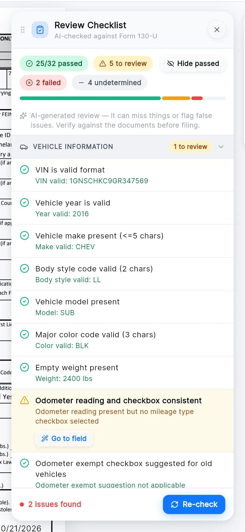 The Review Checklist panel: the counts and Hide passed at the top, the bar, the AI disclaimer, the Vehicle Information group with its checks, and 2 Issues found beside Re-check at the bottom.