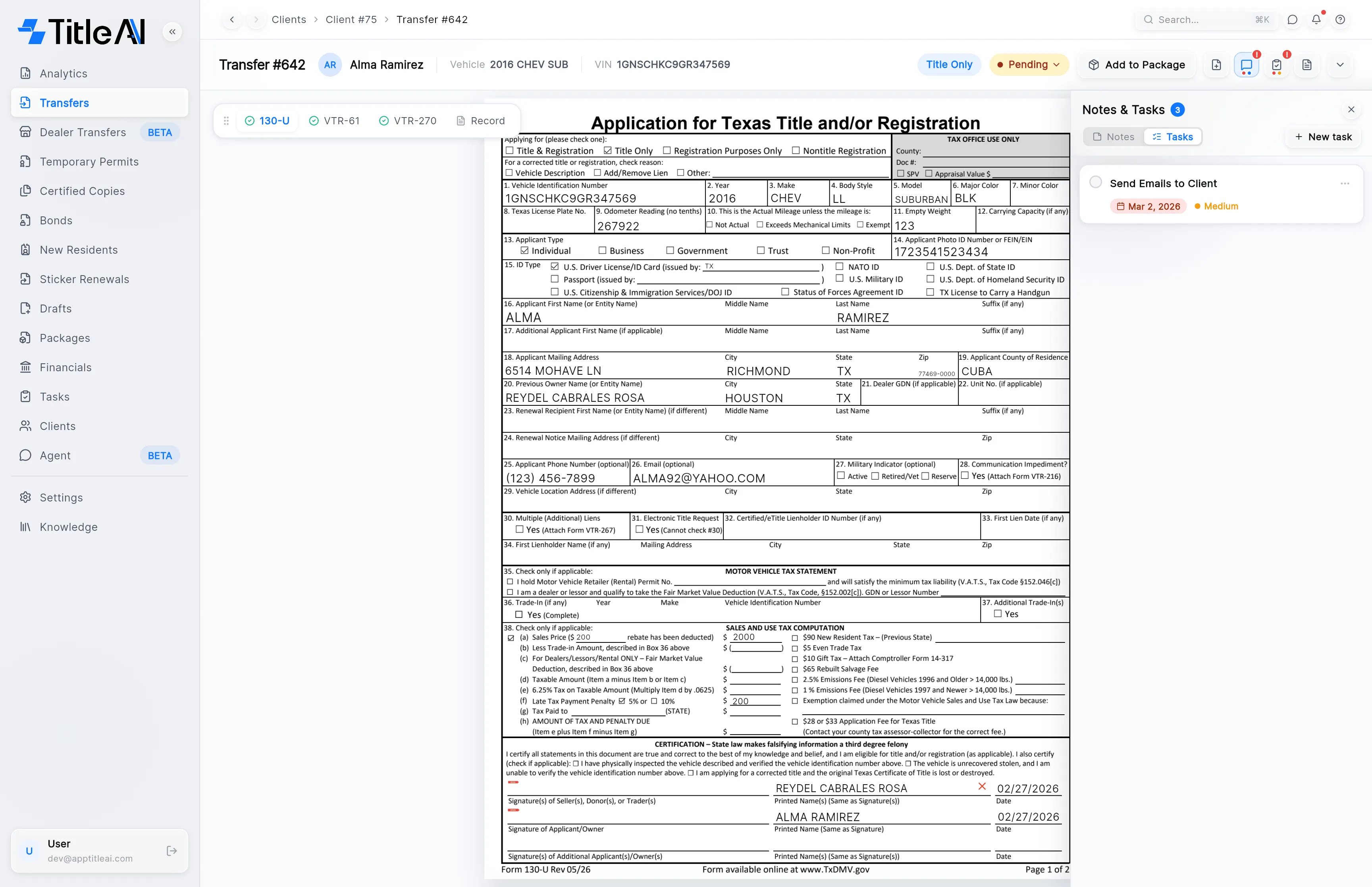 A transfer open with the Notes & Tasks panel on the right, on its Tasks tab, showing one task.