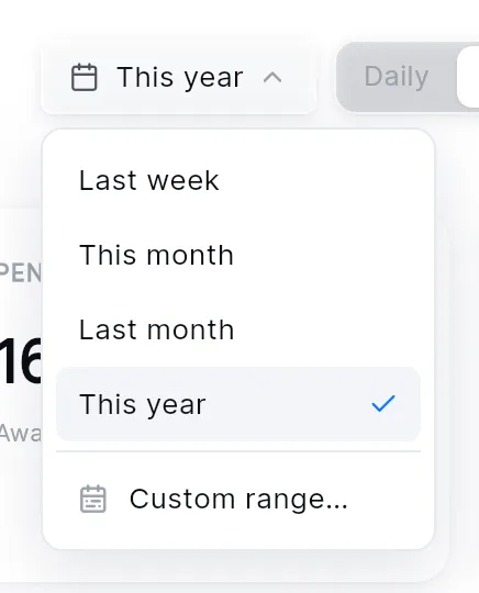 The period menu open under the button: Last week, This month, Last month, This year (ticked) and Custom range….