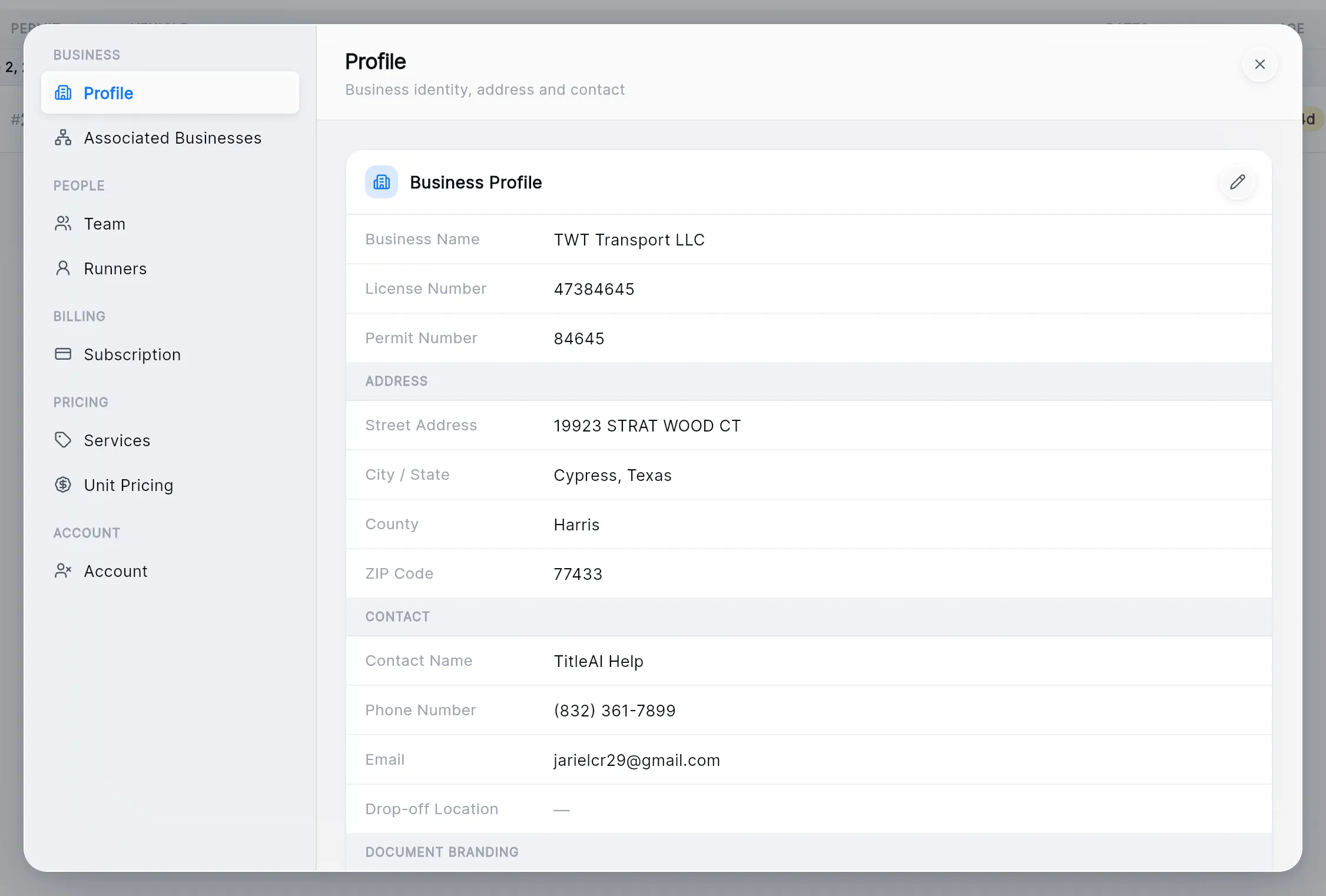 The Settings window on Profile: the section list on the left and the Business Profile card with the business name, license and permit numbers, address and contact.
