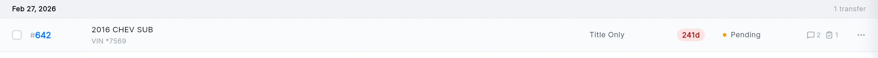 A transfer row in a client's list with "2" beside a speech bubble and "1" beside a clipboard at the right.
