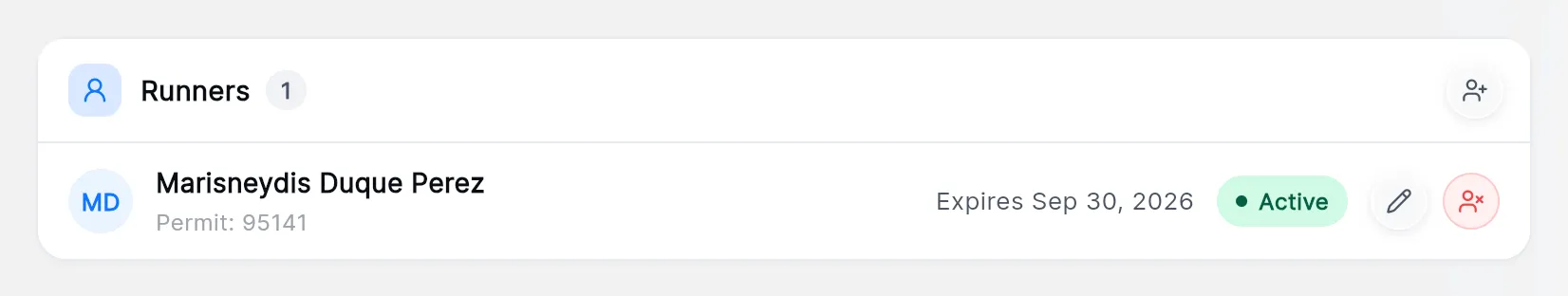 The Runners card: one runner with their permit number, "Expires Sep 30, 2026", an Active pill, and the edit and deactivate icons.
