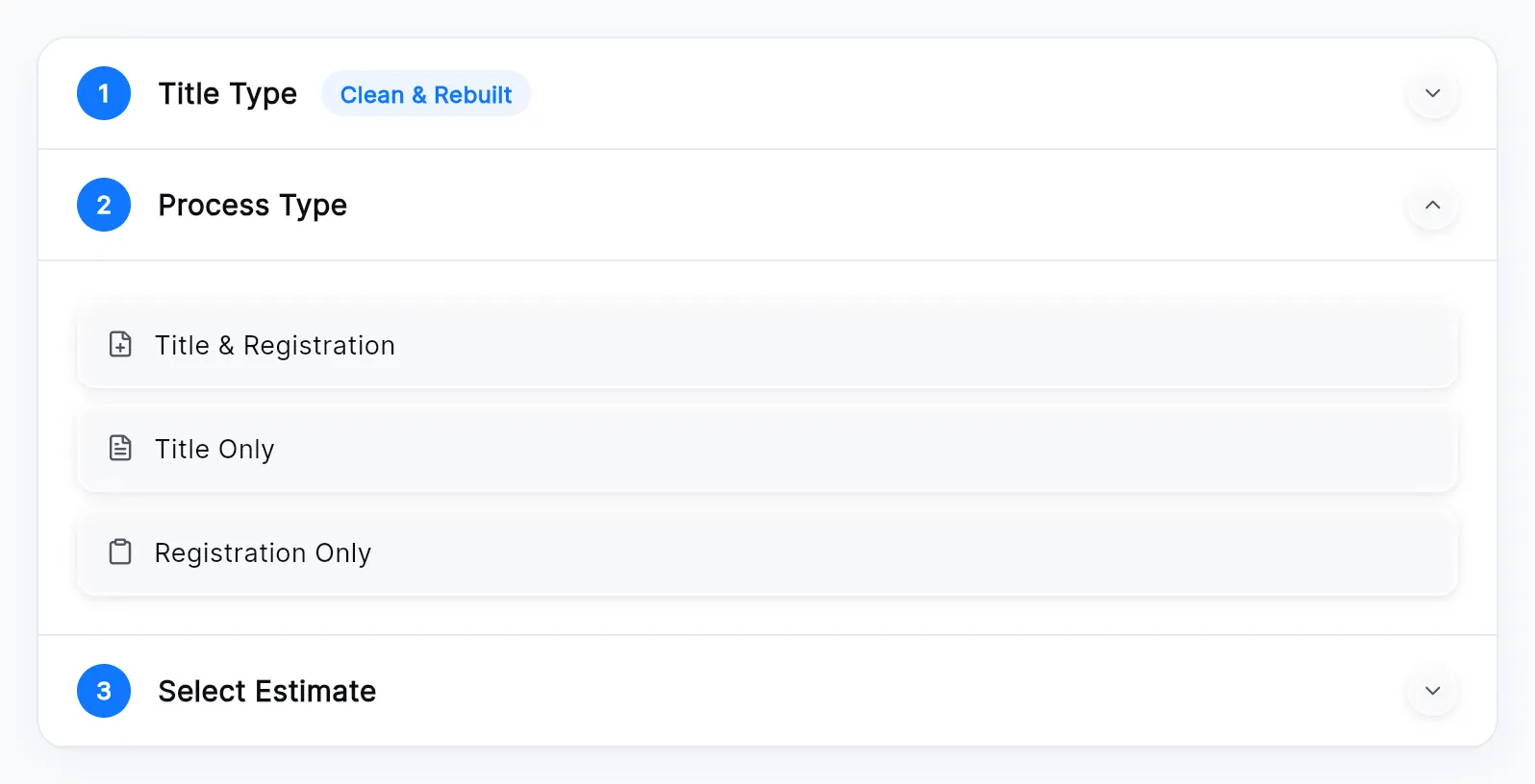 The Process Type section open with Title & Registration, Title Only and Registration Only, and the chosen title type shown as a chip beside Title Type.