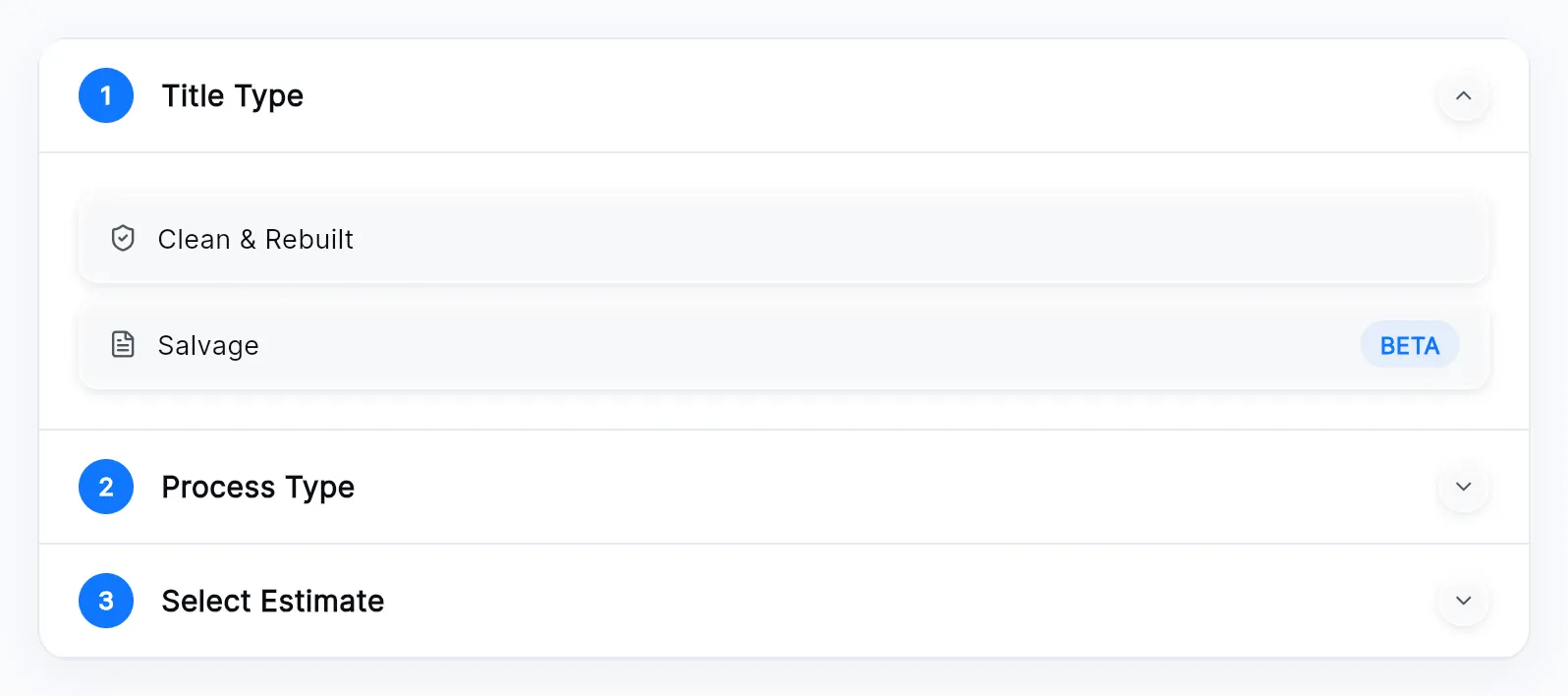 The Transfer Setup step with the Title Type section open, showing Clean & Rebuilt and Salvage (tagged BETA), and Process Type and Select Estimate below.
