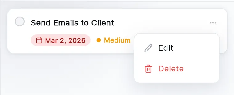 The Tasks tab with one task, "Send Emails to Client", due Mar 2, 2026 with Medium priority, and its ⋯ menu open on Edit and Delete.