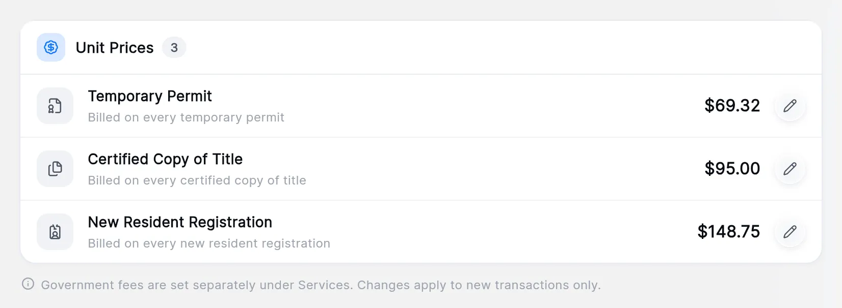 The Unit Prices card: Temporary Permit, Certified Copy of Title and New Resident Registration with their prices and pencils, and the note that changes apply to new transactions only.